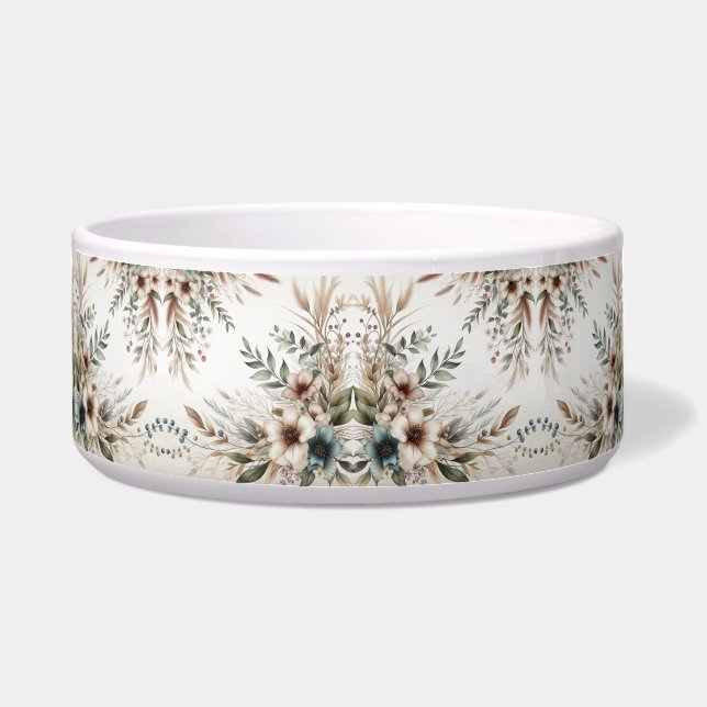 Watercolor Ivory Blue Flowers Ceramic Pet Bowl (Front)