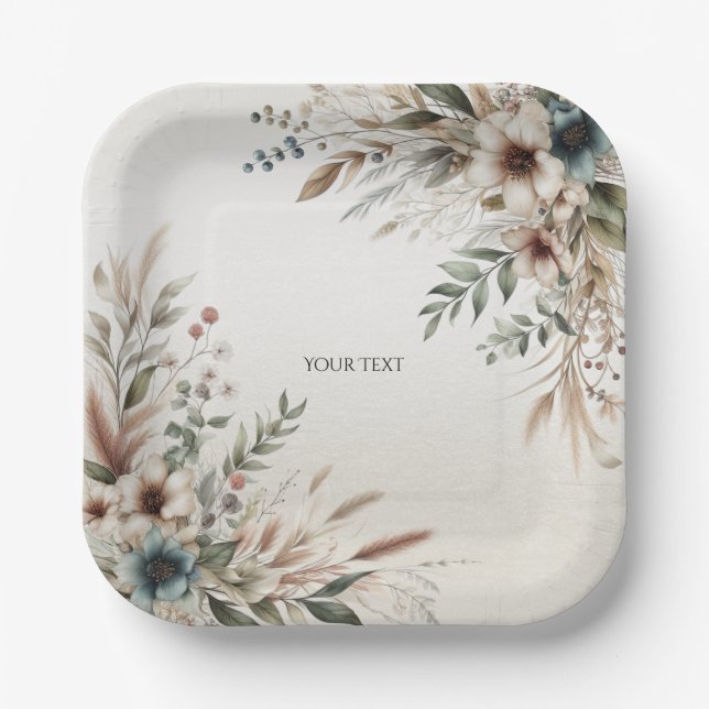 Watercolor Ivory Blue Flowers Paper Plate (Front)