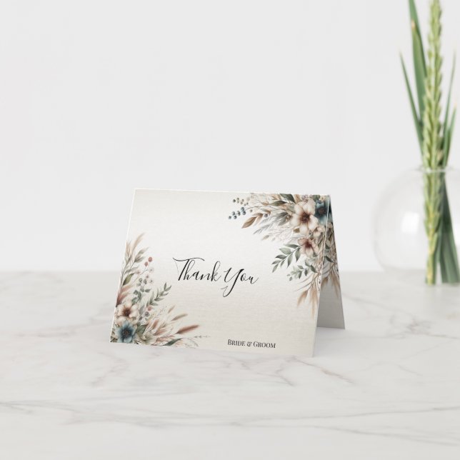 Watercolor Ivory Blue Flowers Thank You Card (Front)