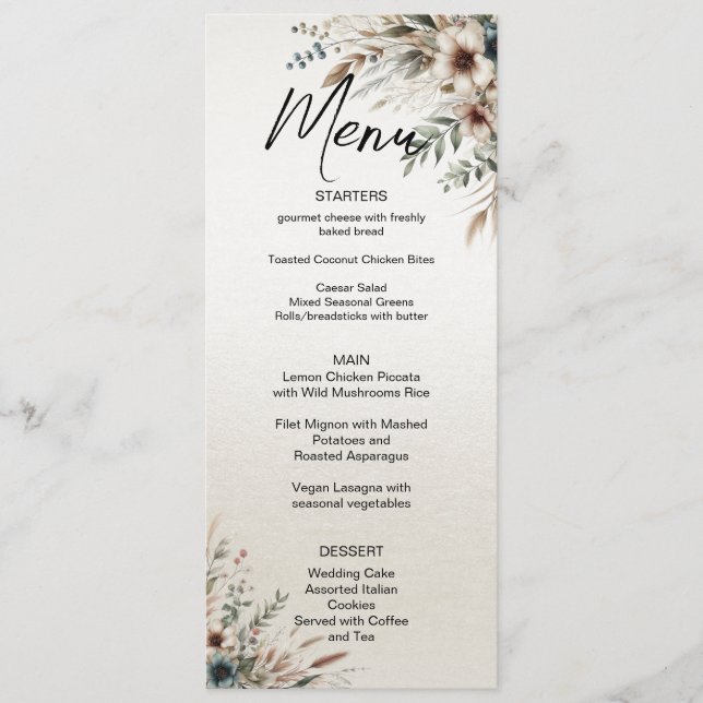 Watercolor Ivory Blue Flowers Wedding Menu (Front)