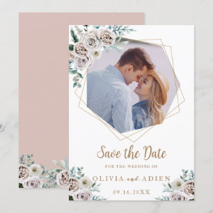 Watercolor Ivory Floral Geometric Photo Save The Date