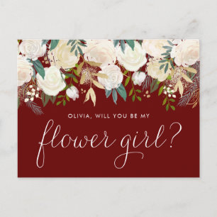 Watercolor Ivory Flowers Garland Red Flower Girl Invitation Postcard