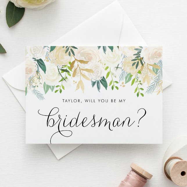 Watercolor Ivory Flowers Will You Be My Bridesman Card (Floral bridesman proposal card with watercolor ivory flowers, greenery, and faux gold foil accent.)