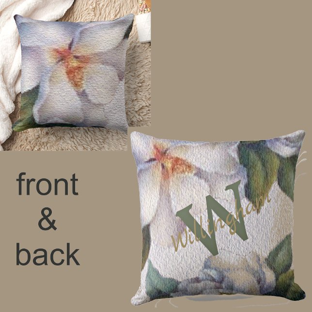 Watercolor Ivory Magnolia Name Monogram Cushion (Creator Uploaded)