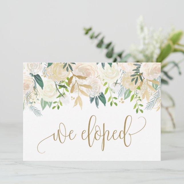 Watercolor Ivory Peony and Rose Elopement Announcement (Standing Front)