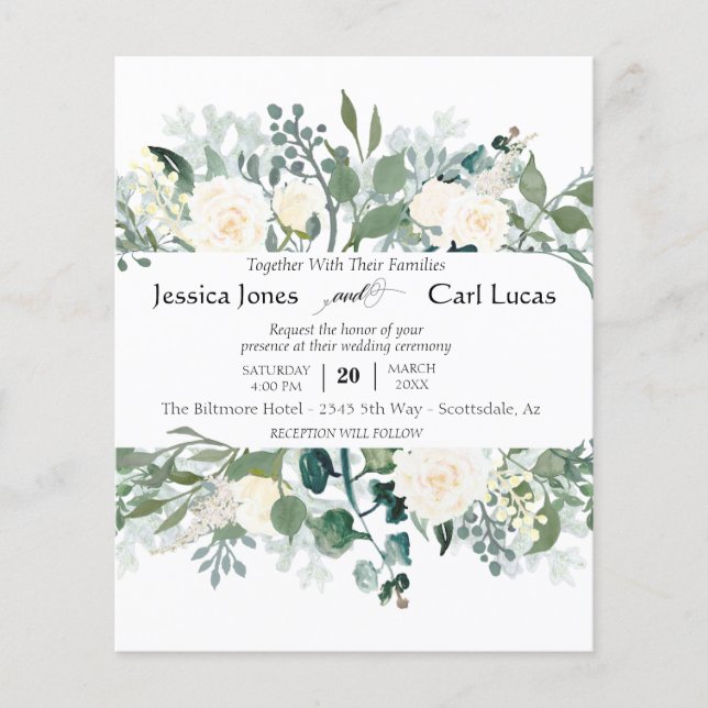 Watercolor Ivory Roses Greenery Leaves Budget Flyer (Front)