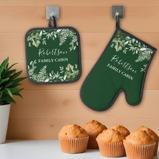 Watercolor Ivy Ferns Sage Family Cabin Green Oven Mitt & Pot Holder Set