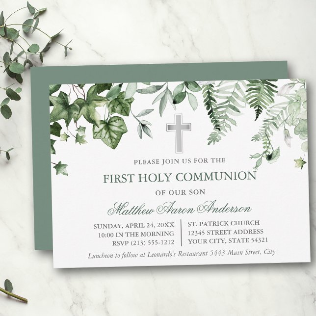 Watercolor Ivy Ferns Sage Green Communion Invitation (Customize to change text color, text style or color of back of card.)