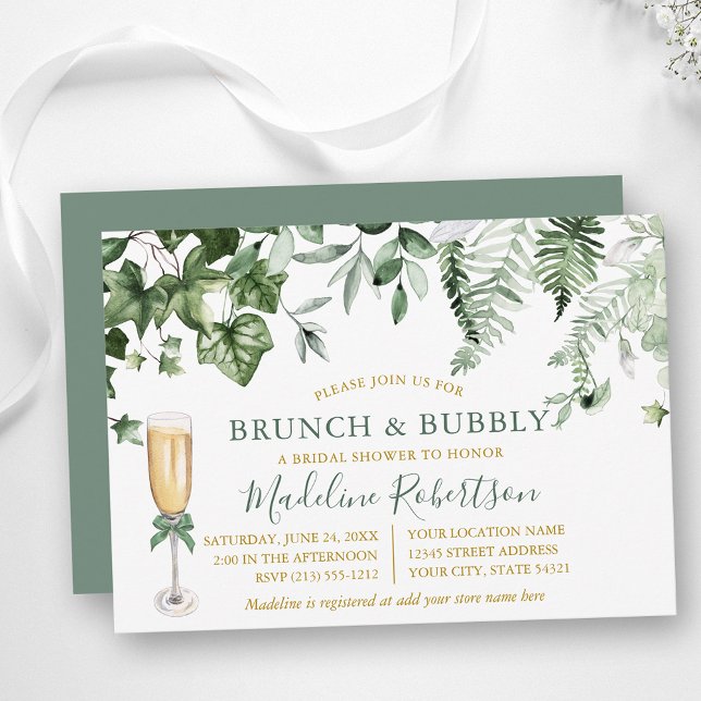 Watercolor Ivy Ferns Sage Green Gold Bridal Brunch Invitation (Customize to change text size, style or color of back of card.)