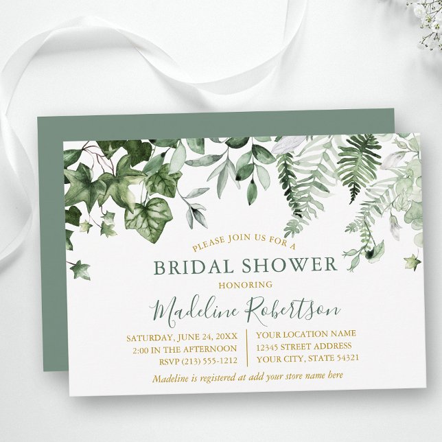 Watercolor Ivy Ferns Sage Green Gold Bridal Shower Invitation (Customize to change text size, style or color of back of card.)
