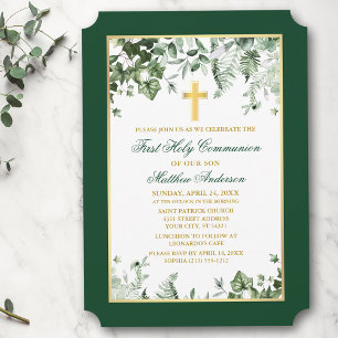 Watercolor Ivy Ferns Sage Green Gold Communion Invitation