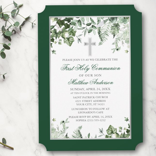 Watercolor Ivy Ferns Sage Green Silver Communion Invitation (Customize to change text size, style, color or to add more text or photos to back of card.)