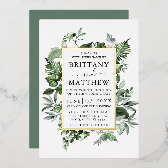 Watercolor Ivy Ferns Sage Green Wedding Gold (Front/Back)