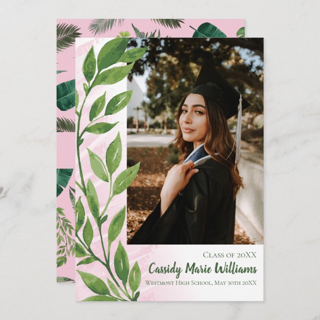 Watercolor Ivy Green Pink Plant Graduation Invitation (Front/Back)