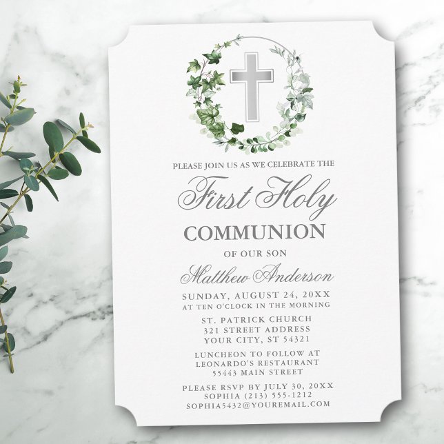 Watercolor Ivy Wreath First Communion Silver Invitation (Customize to change text size, color or text style.)