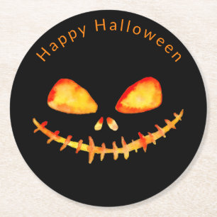 Watercolor Jack O' Lantern Face Halloween  Round Paper Coaster