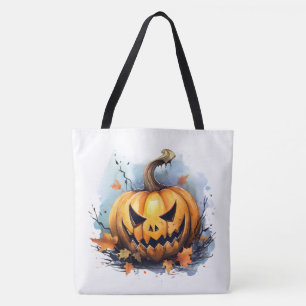 Watercolor Jack-o-lantern with Autumn Leaves  Tote Bag