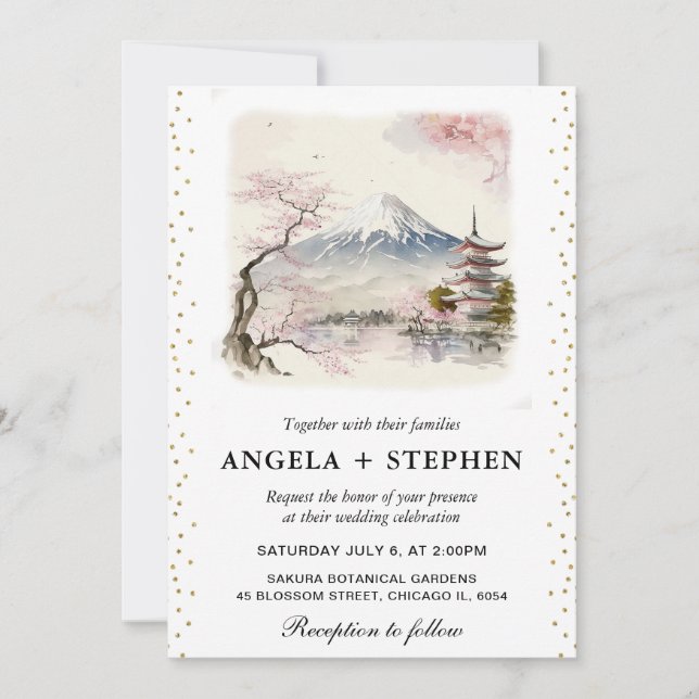 Watercolor Japanese Fuji and Pagoda Scenic Wedding Invitation (Front)