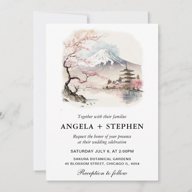 Watercolor Japanese Fuji and Pagoda Scenic Wedding Invitation (Front)
