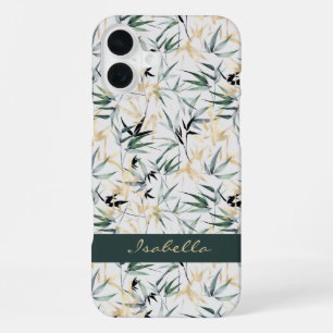 Watercolor Japanese Green Gold Bamboo Pattern iPhone 16 Plus Case