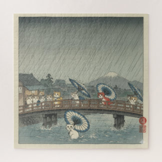Watercolor Japanese Kittens & Rain Shower Parody  Jigsaw Puzzle