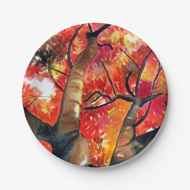 Watercolor Japanese maple tree art Paper Plate (Front)