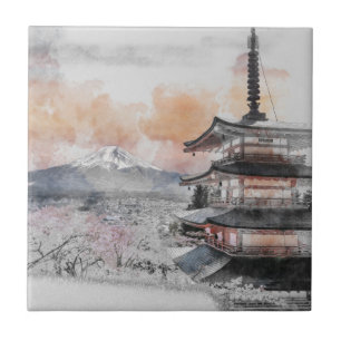 Watercolor Japanese Pagoda & Fuji Ceramic Tile