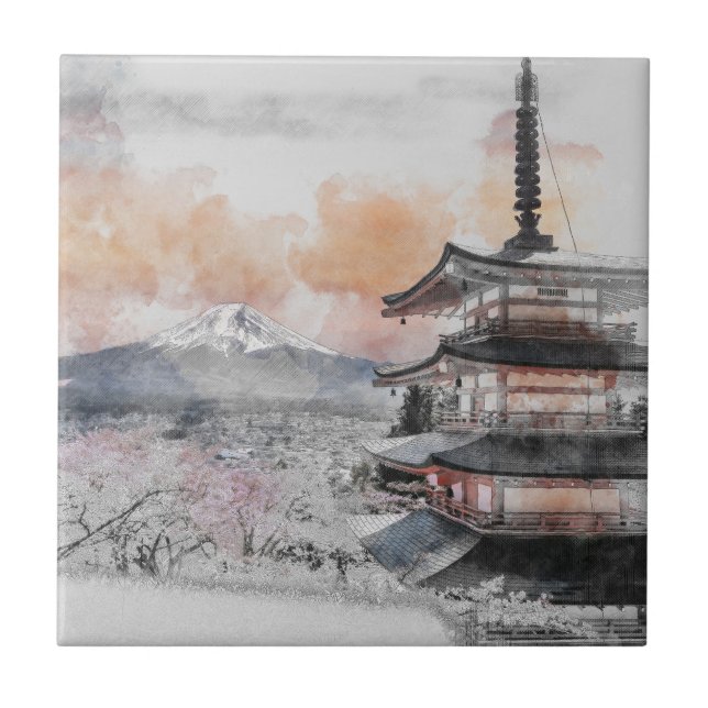 Watercolor Japanese Pagoda & Fuji  Ceramic Tile (Front)
