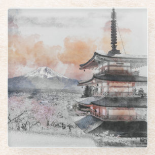 Watercolor Japanese Pagoda & Fuji Glass Coaster