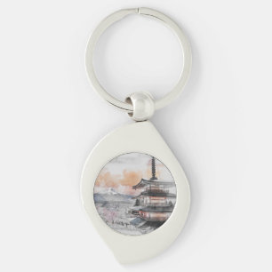 Watercolor Japanese Pagoda & Fuji  Key Ring