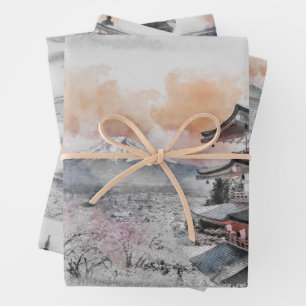 Watercolor Japanese Pagoda & Fuji Wrapping Paper Sheet