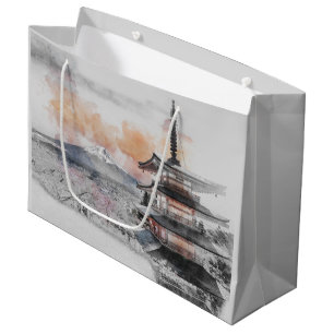 Watercolor Japanese Pagoda & Mount Fuji Scenic Large Gift Bag