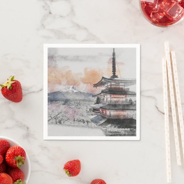 Watercolor Japanese Pagoda & Mount Fuji Scenic  Napkin (Insitu)