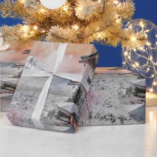 Watercolor Japanese Pagoda & Mount Fuji Scenic  Wrapping Paper