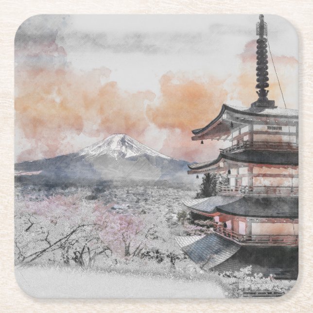 Watercolor Japanese Pagoda & Mount Fuji  Square Paper Coaster (Front)