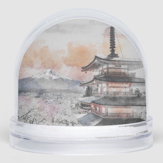 Watercolor Japanese Pagoda & Mt. Fuji Gift Snowglobe (Front)