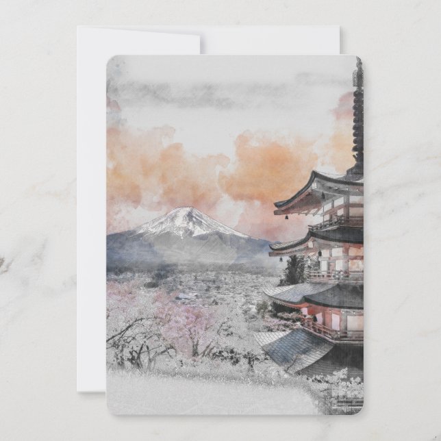 Watercolor Japanese Pagoda & Mt. Fuji  Invitation (Front)