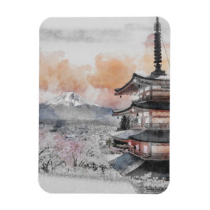 Watercolor Japanese Pagoda & Mt. Fuji Magnet