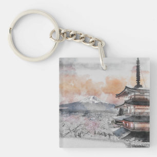 Watercolor Japanese Pagoda & Mt. Fuji Travel Key Ring