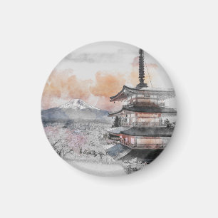 Watercolor Japanese Pagoda & Mt. Fuji Travel Magnet