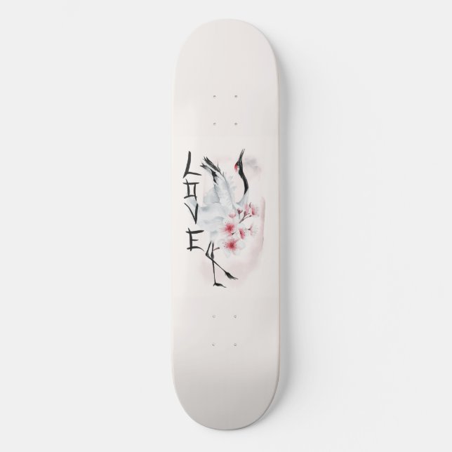 Watercolor Japanese Sakura Blossom Love Crane Skateboard (Front)