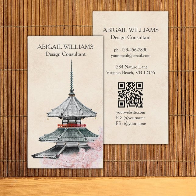Watercolor Japanese Temple Cherry Blossoms Business Card (Creator Uploaded)