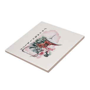 Watercolor Japanese Temple Sakura Blossom Ceramic  Tile