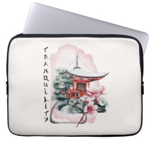 Watercolor Japanese Temple Sakura Blossom Laptop Sleeve