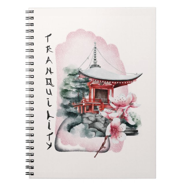 Watercolor Japanese Temple Sakura Blossom Notebook (Front)