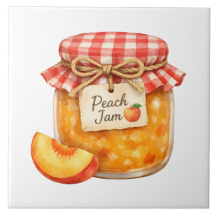 Watercolor Jar with Fresh Peach Jam and Peach Ceramic Tile
