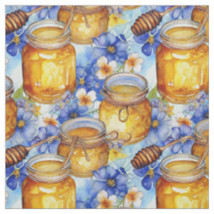 Watercolor Jars of Honey with Blue Flowers Fabric