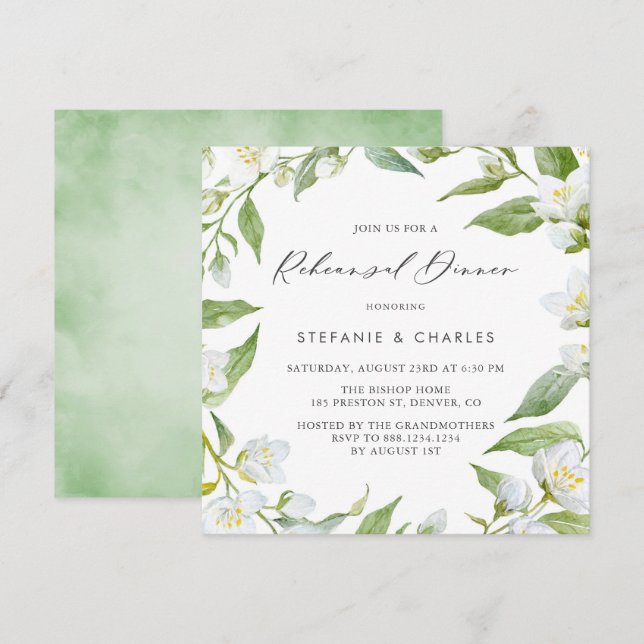 Watercolor Jasmine and Greenery Rehearsal Dinner Invitation (Front/Back)