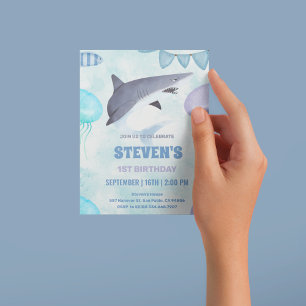 watercolor Jellyfish and shark 1st birthday Invitation