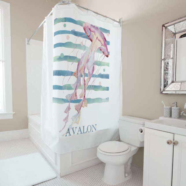 Watercolor JELLYFISH Beach Coastal AVALON  Shower Curtain (In Situ)